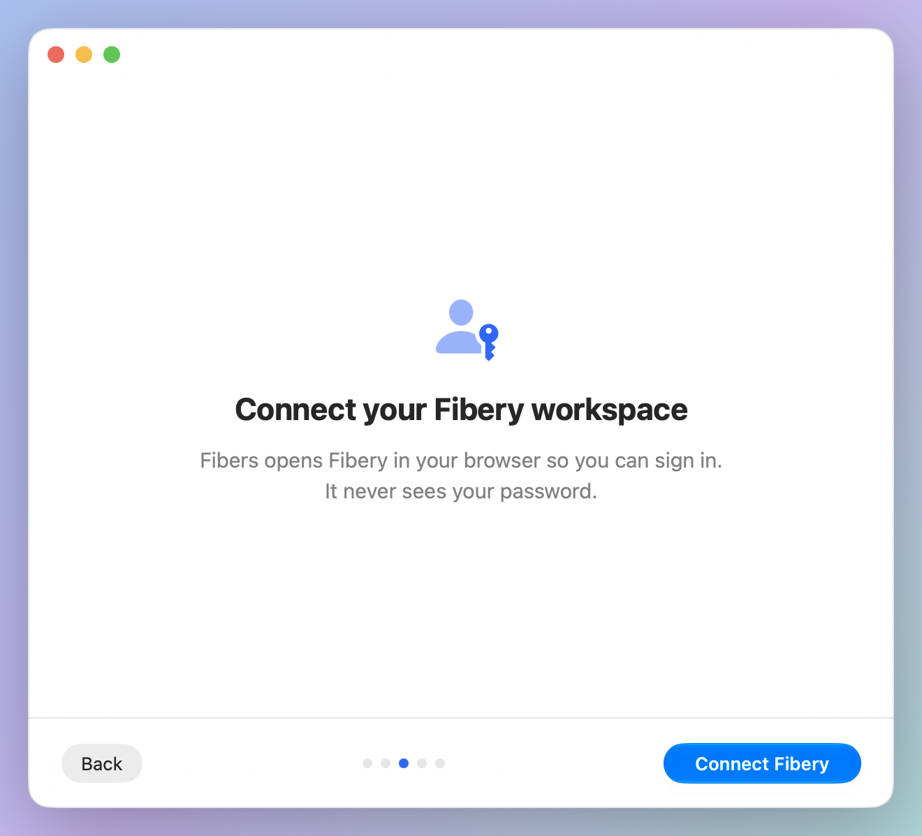 De stap ‘Verbind met Fibery’ in het configuratievenster van Fibers